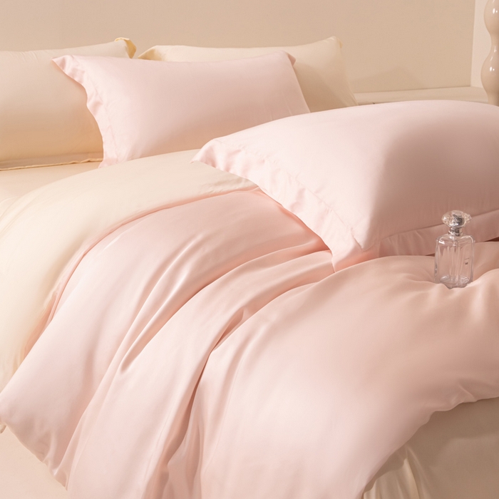 91家纺网 家纺一手货源 找家纺 涵宸家纺 2026新款纯色天丝棉四件套-场景二 玫瑰粉+象牙白