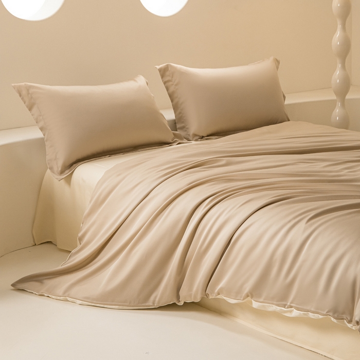 91家纺网 家纺一手货源 找家纺 涵宸家纺 2026新款纯色天丝棉四件套-场景二 奶茶杏+象牙白