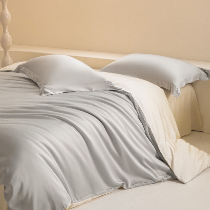 91家纺网 家纺一手货源 找家纺 涵宸家纺 2026新款纯色天丝棉四件套-场景二 时尚灰+象牙白