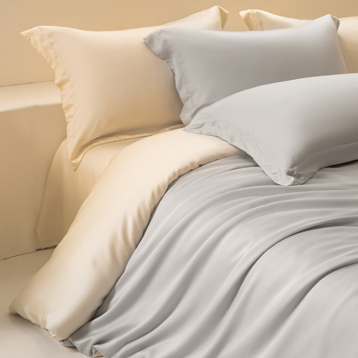 91家纺网 家纺一手货源 找家纺 涵宸家纺 2026新款纯色天丝棉四件套-场景二 时尚灰+象牙白