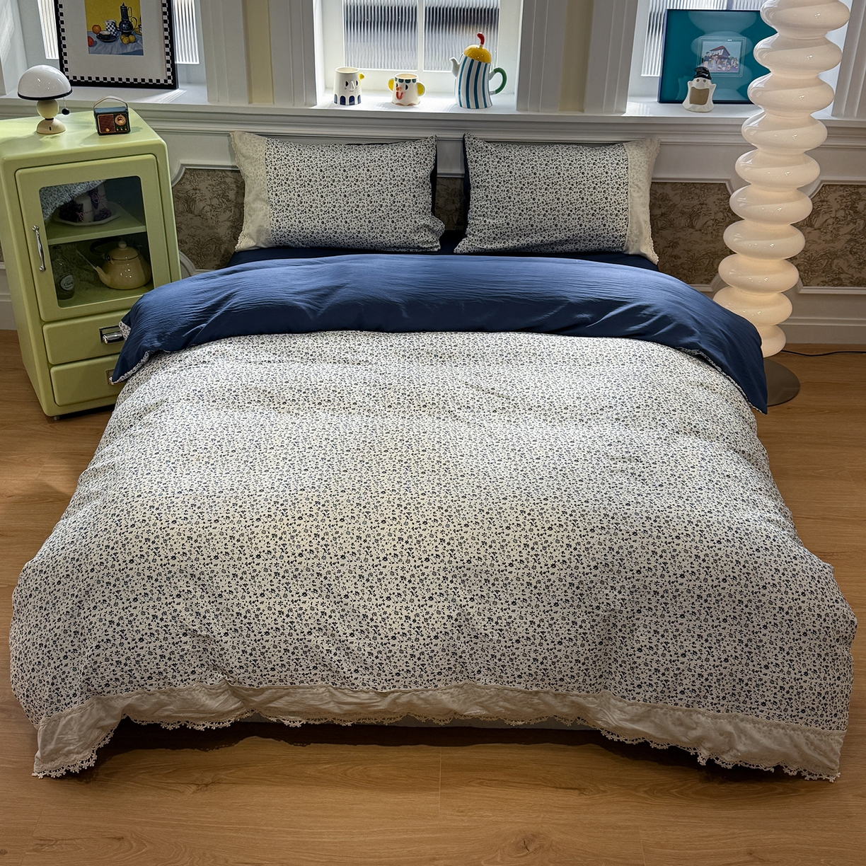 91家纺网 家纺一手货源 找家纺 盼季家纺 2026新款舒适皱皱纱印花蕾丝花边四件套 复古蕾丝花边-禾风