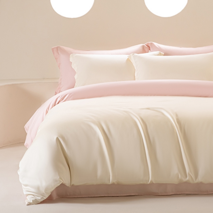 91家纺网 家纺一手货源 找家纺 涵宸家纺 2026新款纯色天丝棉四件套-场景二 象牙白+玫瑰粉