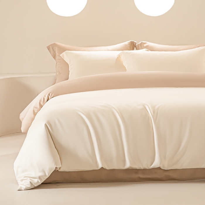 91家纺网 家纺一手货源 找家纺 涵宸家纺 2026新款纯色天丝棉四件套-场景二 象牙白+奶茶杏