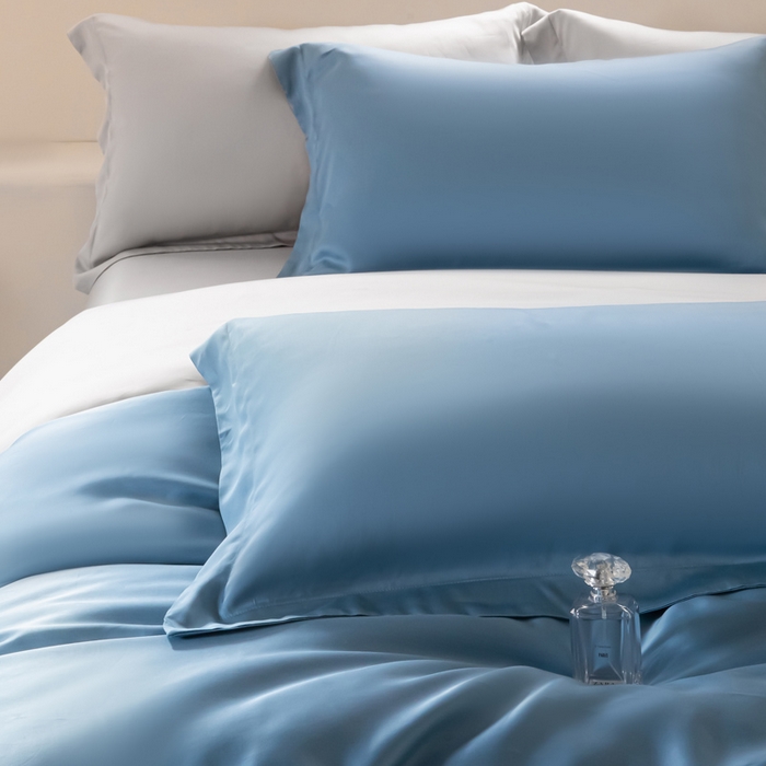 91家纺网 家纺一手货源 找家纺 涵宸家纺 2026新款纯色天丝棉四件套-场景二 星耀兰+时尚灰