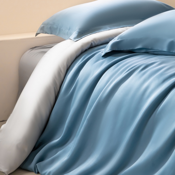 91家纺网 家纺一手货源 找家纺 涵宸家纺 2026新款纯色天丝棉四件套-场景二 星耀兰+时尚灰