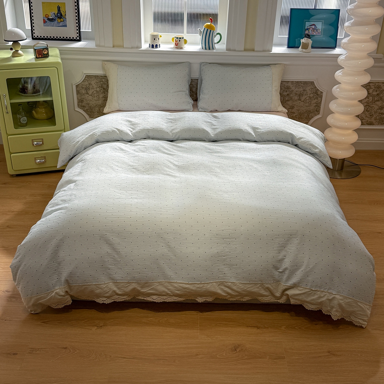 91家纺网 家纺一手货源 找家纺 盼季家纺 2026新款舒适皱皱纱印花蕾丝花边四件套 复古蕾丝花边-蓝波