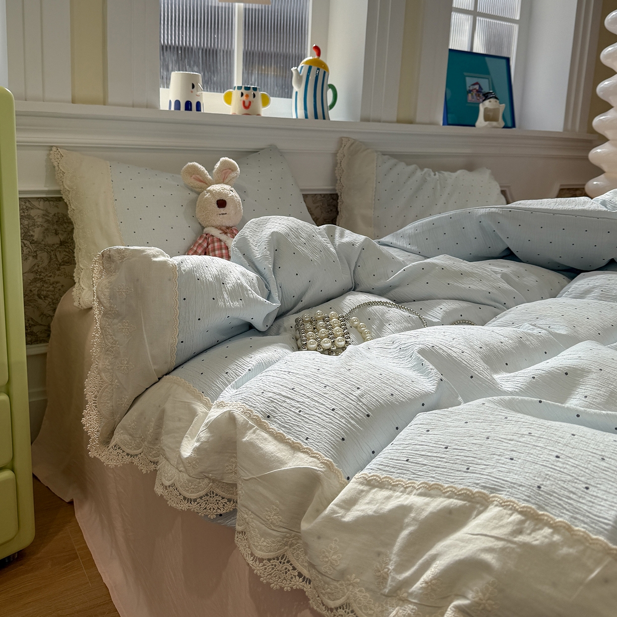 91家纺网 家纺一手货源 找家纺 盼季家纺 2026新款舒适皱皱纱印花蕾丝花边四件套 复古蕾丝花边-蓝波