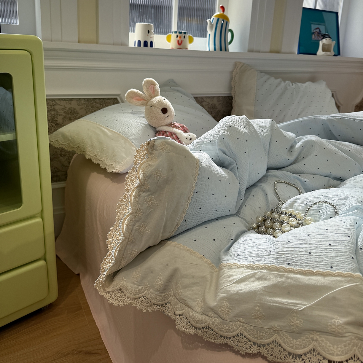 91家纺网 家纺一手货源 找家纺 盼季家纺 2026新款舒适皱皱纱印花蕾丝花边四件套 复古蕾丝花边-蓝波