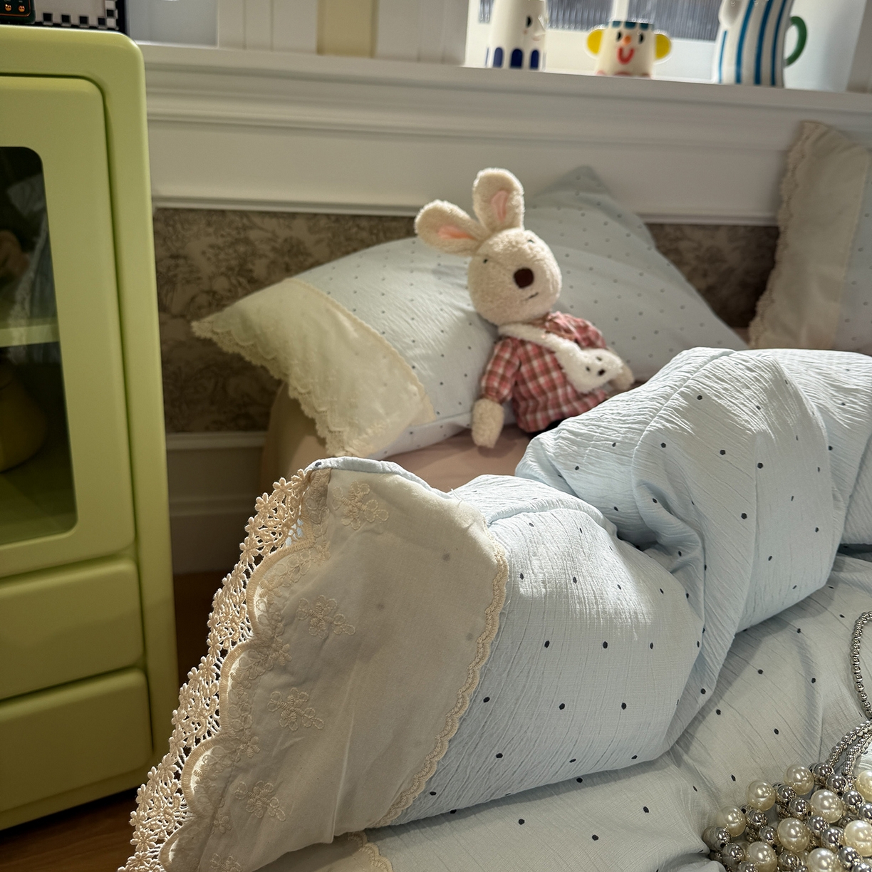 91家纺网 家纺一手货源 找家纺 盼季家纺 2026新款舒适皱皱纱印花蕾丝花边四件套 复古蕾丝花边-蓝波