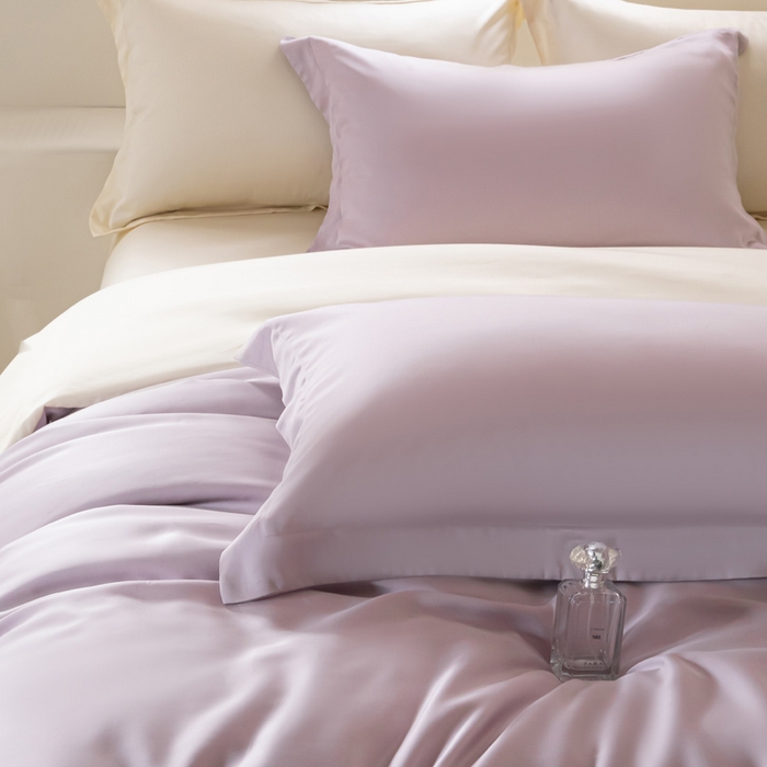 91家纺网 家纺一手货源 找家纺 涵宸家纺 2026新款纯色天丝棉四件套-场景二 紫语+象牙白