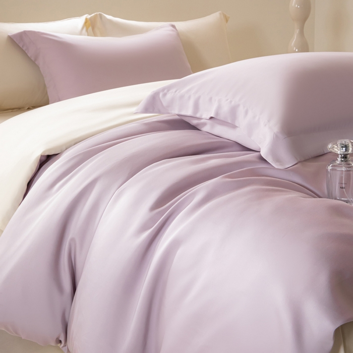 91家纺网 家纺一手货源 找家纺 涵宸家纺 2026新款纯色天丝棉四件套-场景二 紫语+象牙白