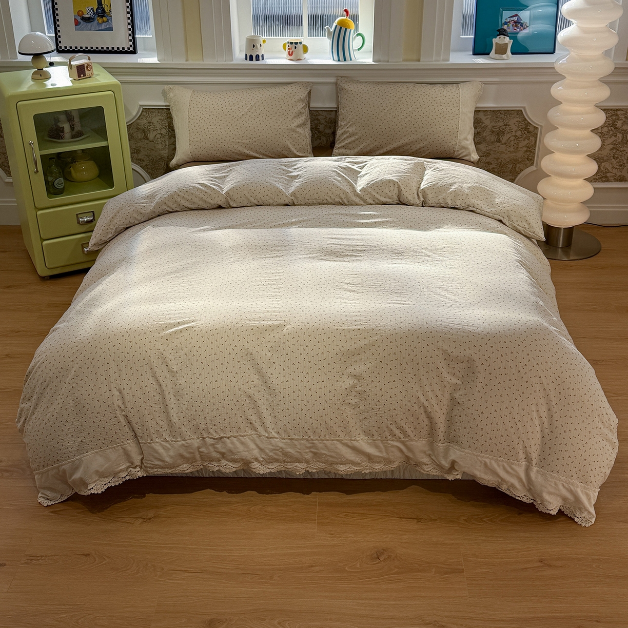 91家纺网 家纺一手货源 找家纺 盼季家纺 2026新款舒适皱皱纱印花蕾丝花边四件套 复古蕾丝花边-小樱桃