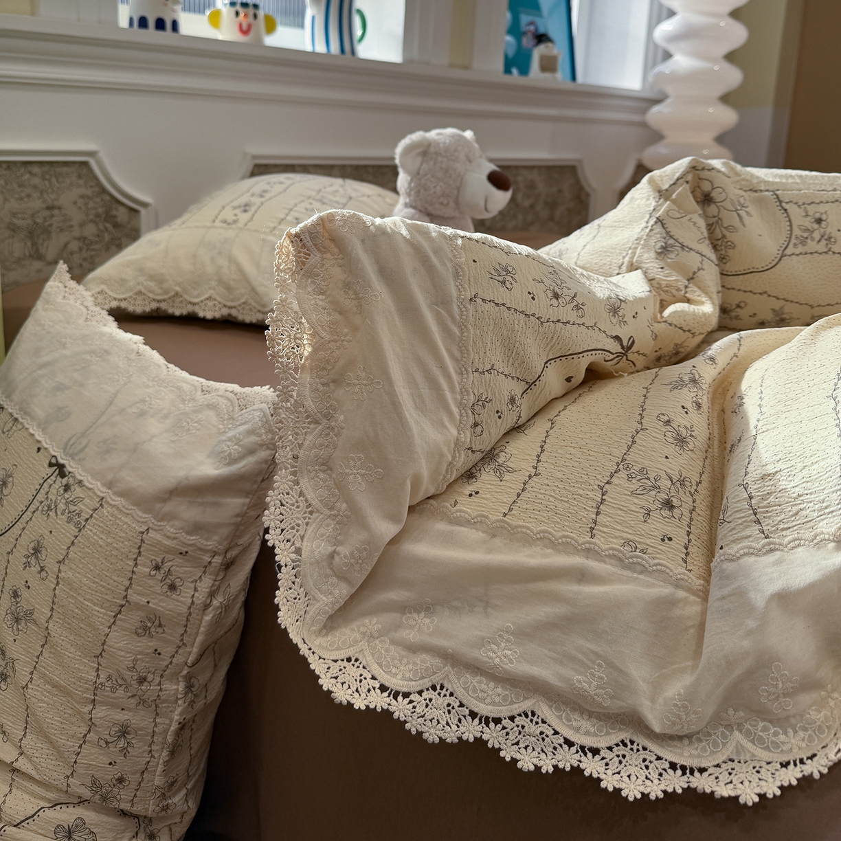 盼季家纺 2026新款舒适皱皱纱印花蕾丝花边四件套 复古蕾丝花边-茵然