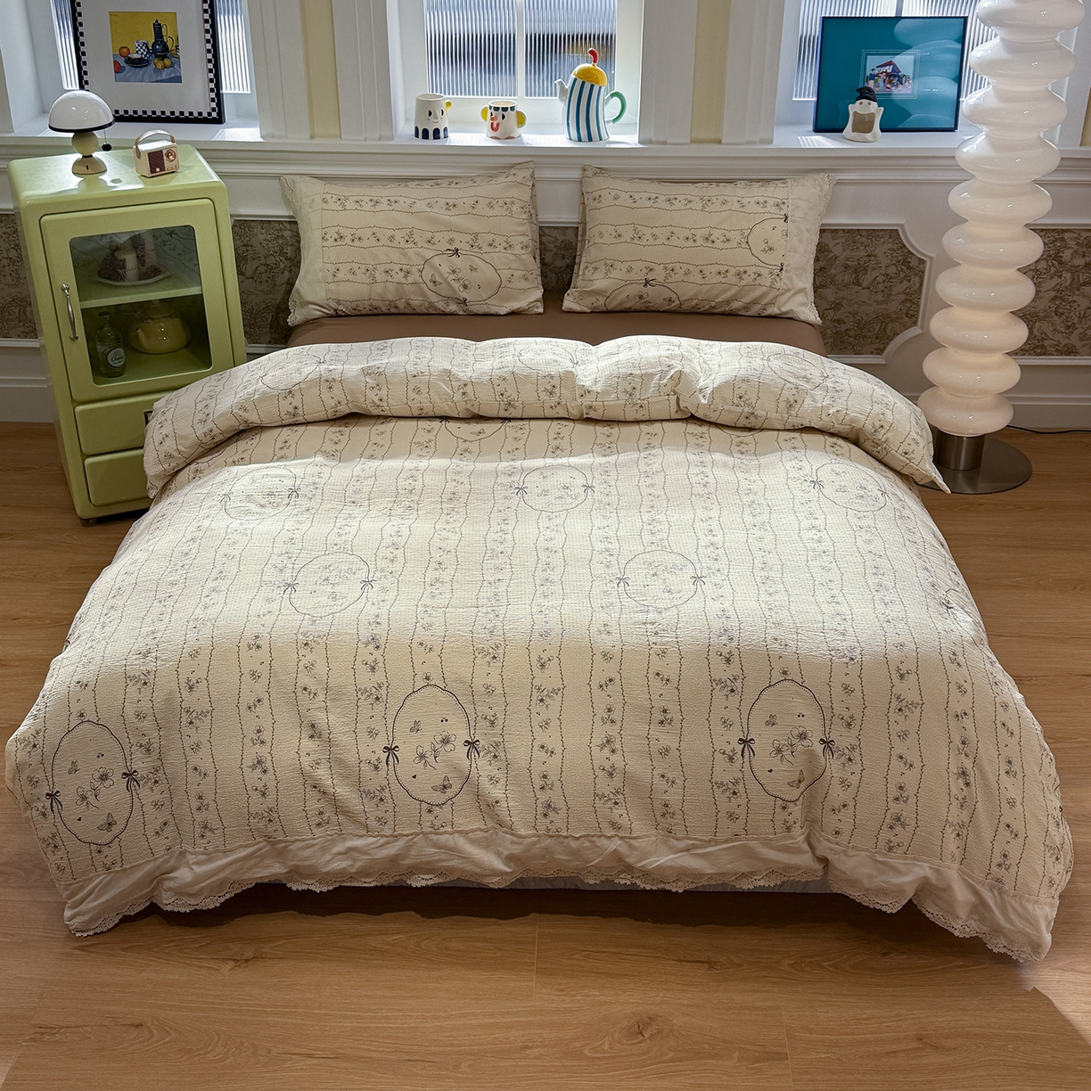 91家纺网 家纺一手货源 找家纺 盼季家纺 2026新款舒适皱皱纱印花蕾丝花边四件套 复古蕾丝花边-茵然