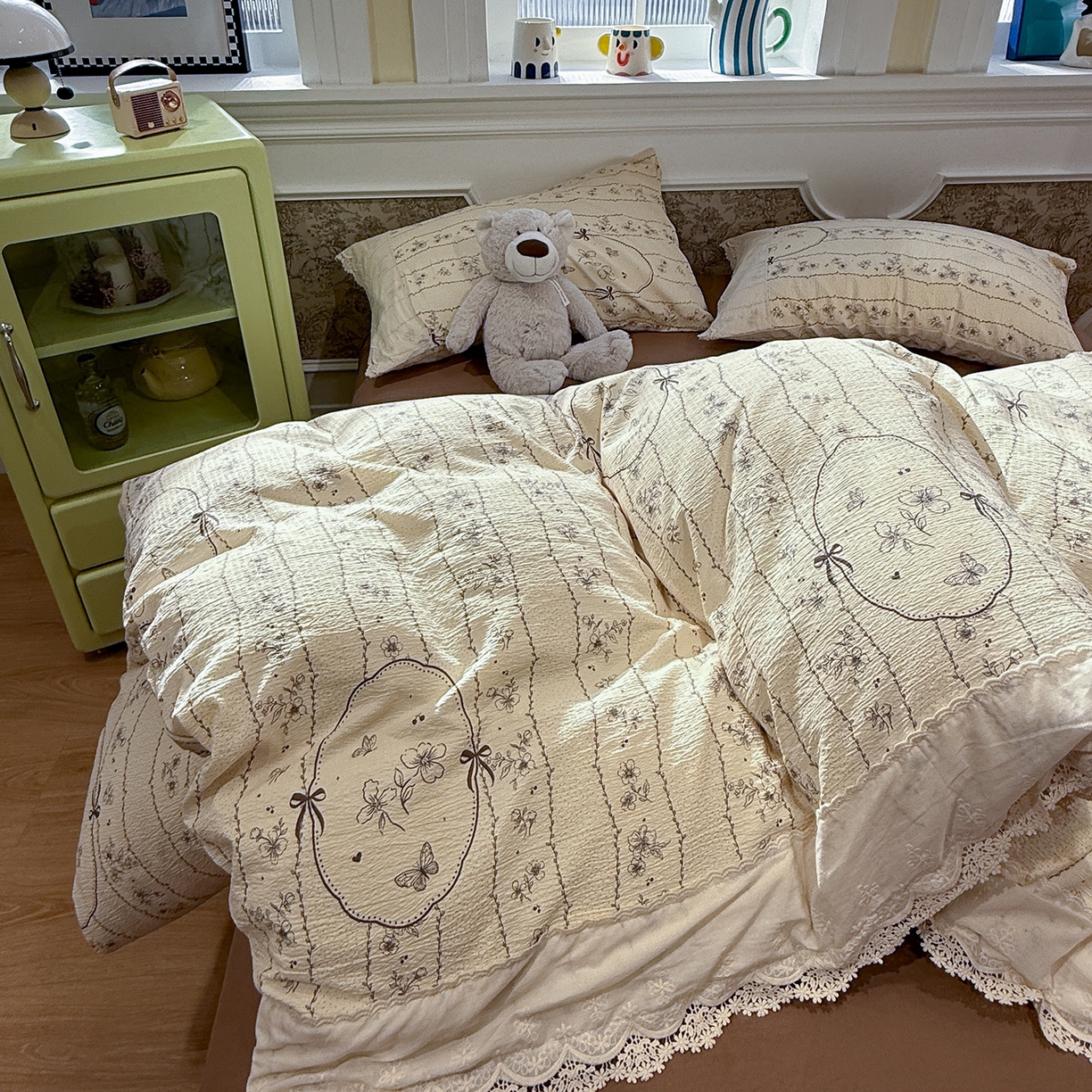 91家纺网 家纺一手货源 找家纺 盼季家纺 2026新款舒适皱皱纱印花蕾丝花边四件套 复古蕾丝花边-茵然