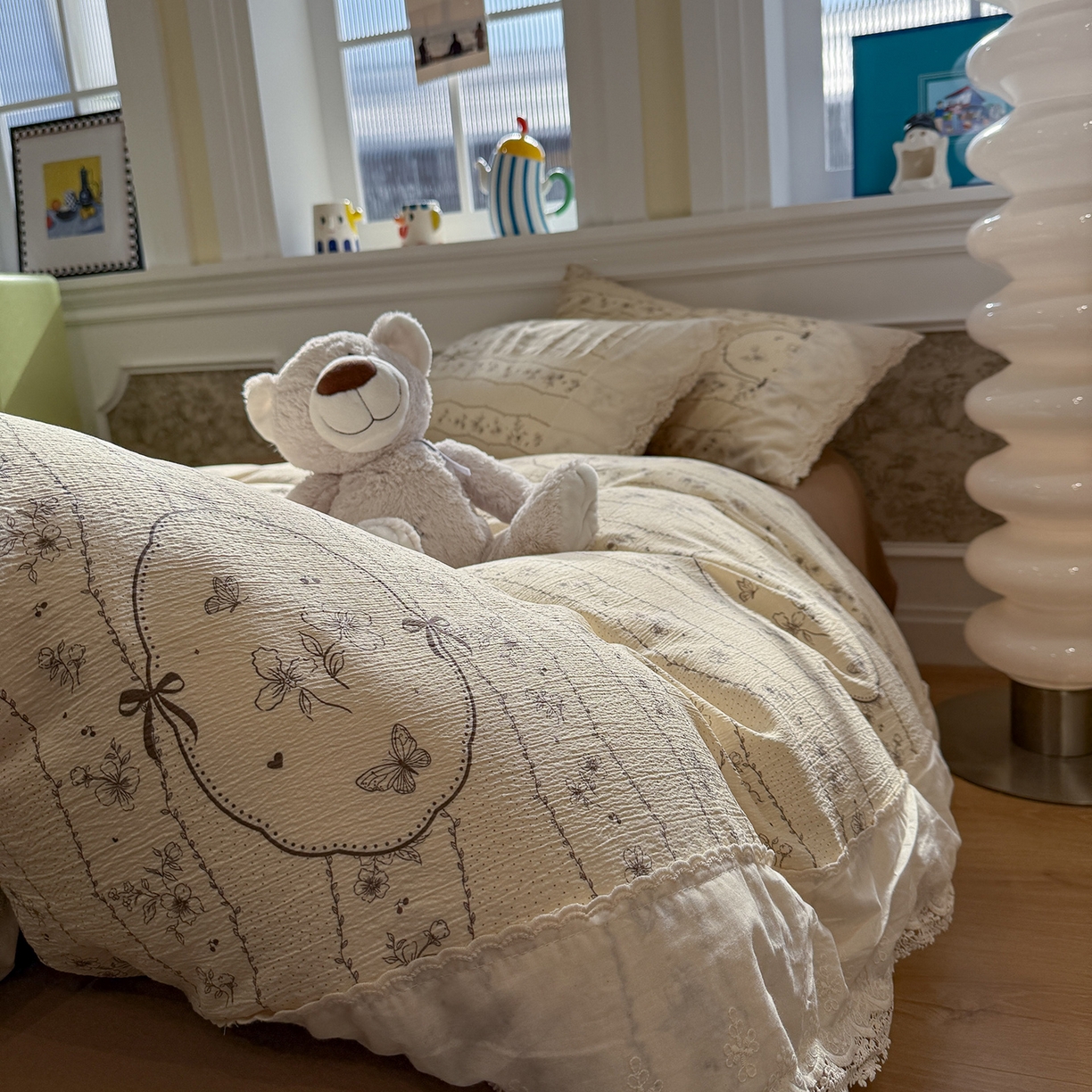 91家纺网 家纺一手货源 找家纺 盼季家纺 2026新款舒适皱皱纱印花蕾丝花边四件套 复古蕾丝花边-茵然