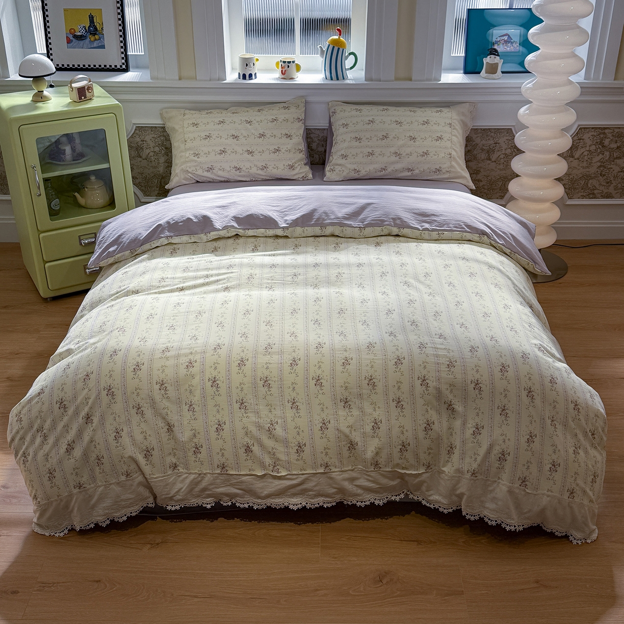 91家纺网 家纺一手货源 找家纺 盼季家纺 2026新款舒适皱皱纱印花蕾丝花边四件套 复古蕾丝花边-珍妮