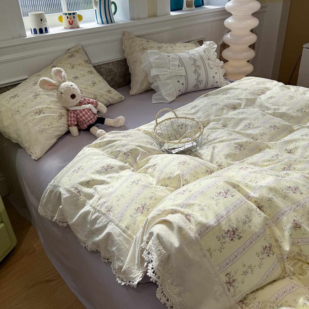 91家纺网 家纺一手货源 找家纺 盼季家纺 2026新款舒适皱皱纱印花蕾丝花边四件套 复古蕾丝花边-珍妮