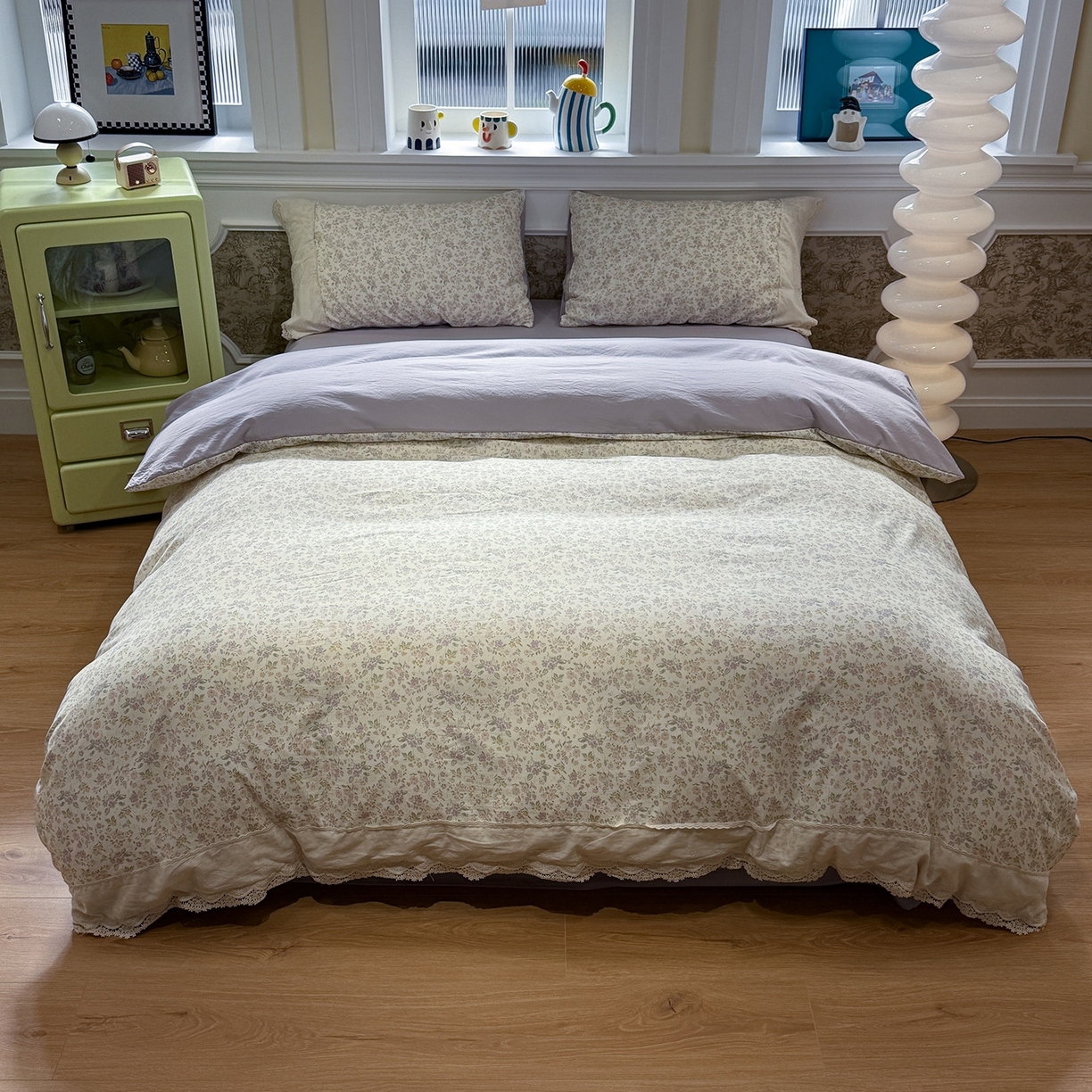 91家纺网 家纺一手货源 找家纺 盼季家纺 2026新款舒适皱皱纱印花蕾丝花边四件套 复古蕾丝花边-紫琅