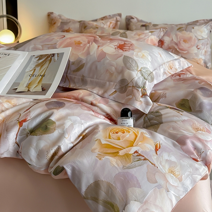 91家纺网 家纺一手货源 找家纺 涵宸家纺 2026新款天丝棉数码印花四件套 云缦-黄