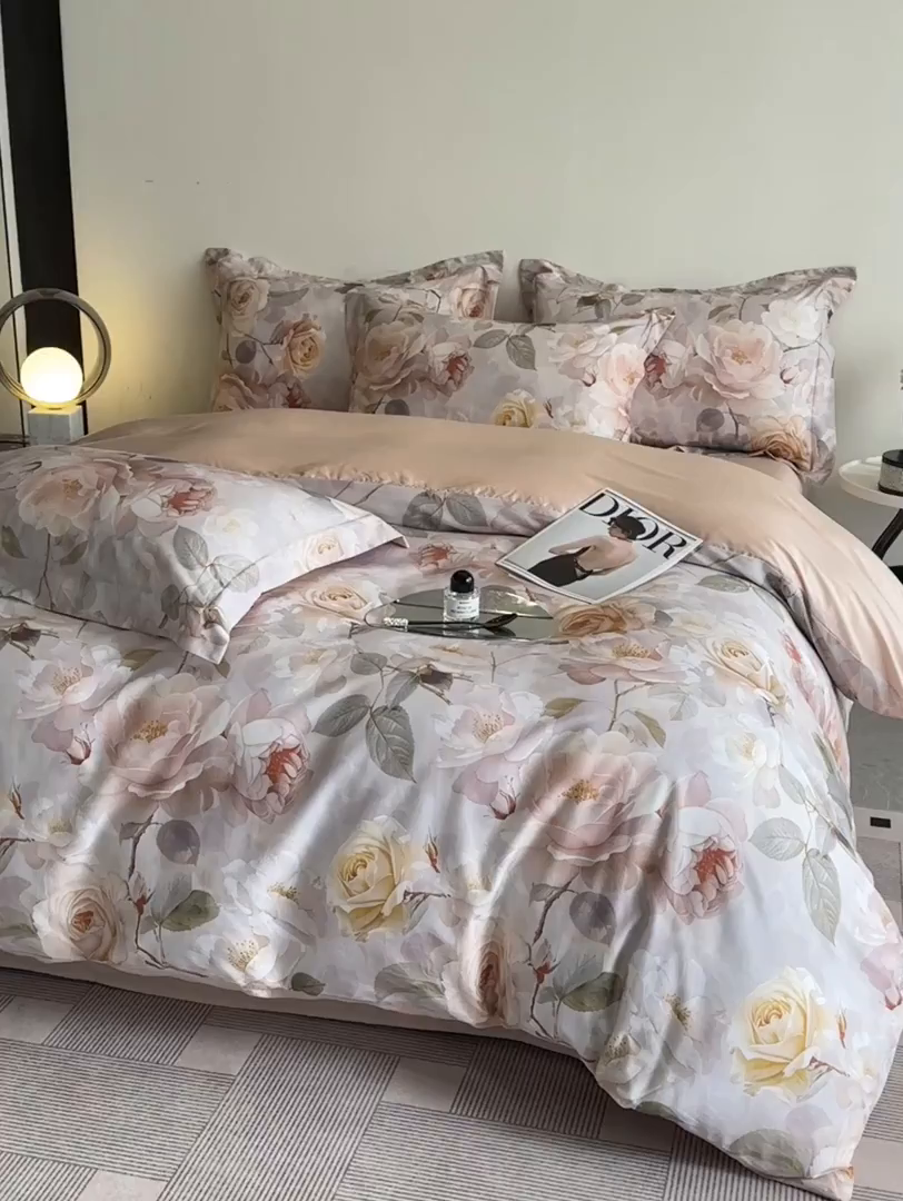 91家纺网 家纺一手货源 找家纺 涵宸家纺 2026新款天丝棉数码印花四件套 云缦-黄