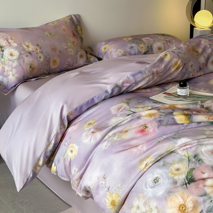 91家纺网 家纺一手货源 找家纺 涵宸家纺 2026新款天丝棉数码印花四件套 醉花季-紫