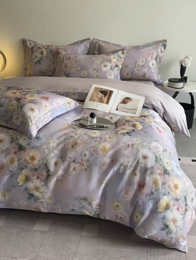 91家纺网 家纺一手货源 找家纺 涵宸家纺 2026新款天丝棉数码印花四件套 醉花季-紫