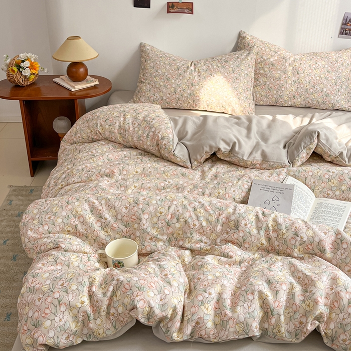 91家纺网 家纺一手货源 找家纺 涵宸家纺 2026新款双层纱印花四件套 B花田-金