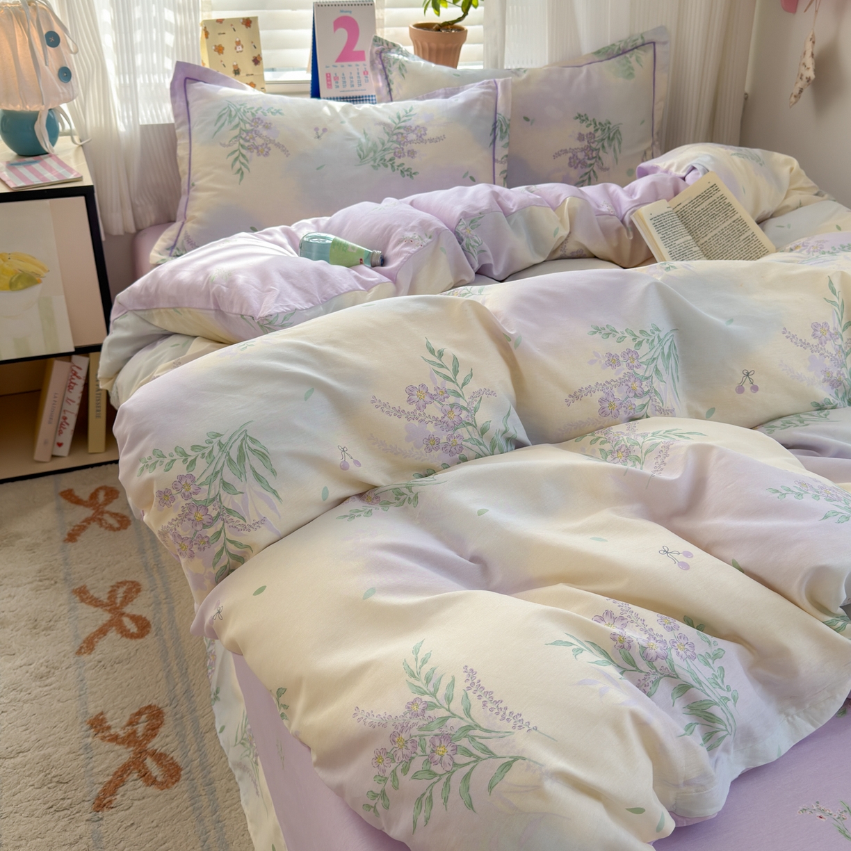 91家纺网 家纺一手货源 找家纺 乐童家纺 2026新款全棉网红直播爆款吊边一字绣工艺款四件套-系列三 薰衣草