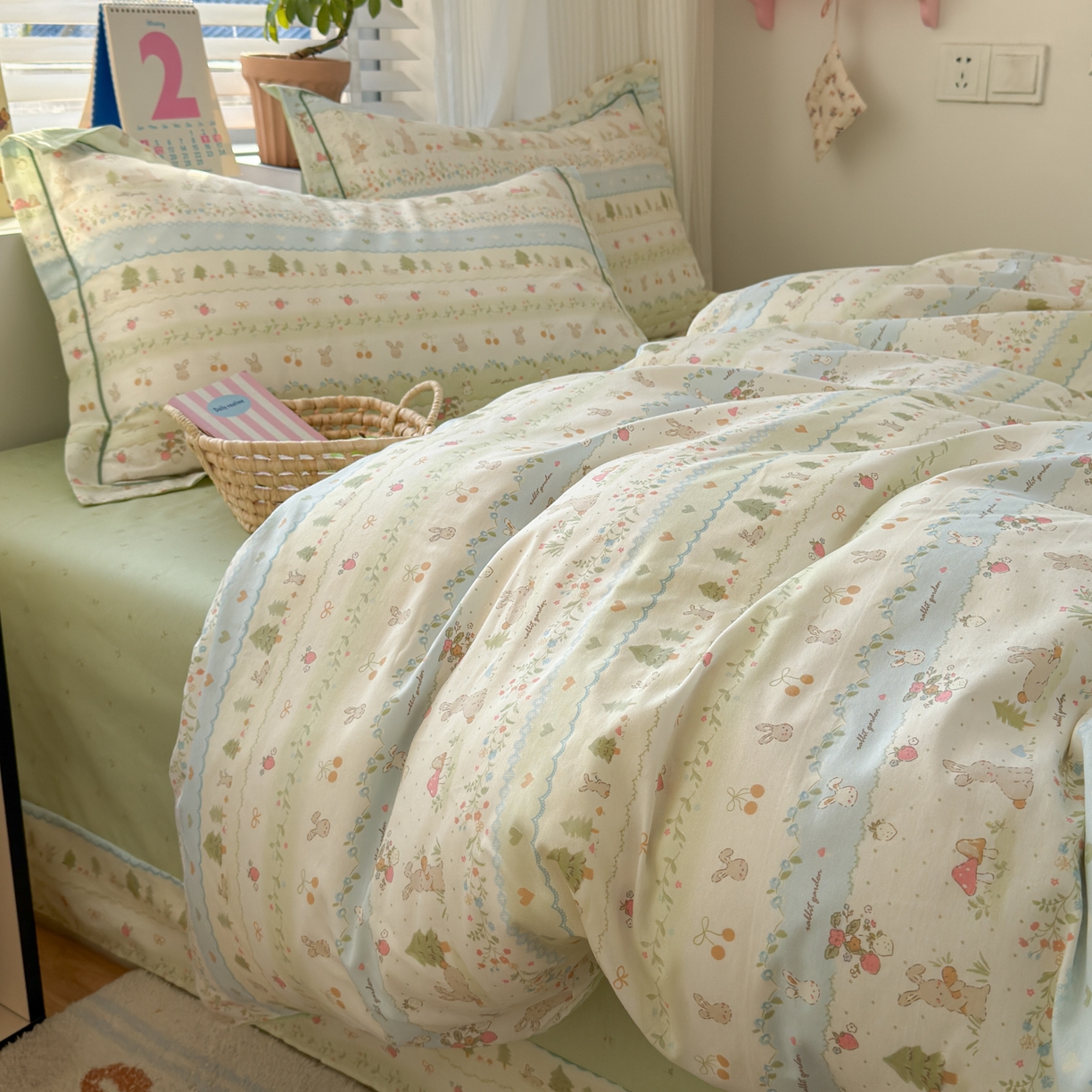 91家纺网 家纺一手货源 找家纺 乐童家纺 2026新款全棉网红直播爆款吊边一字绣工艺款四件套-系列三 田园小兔