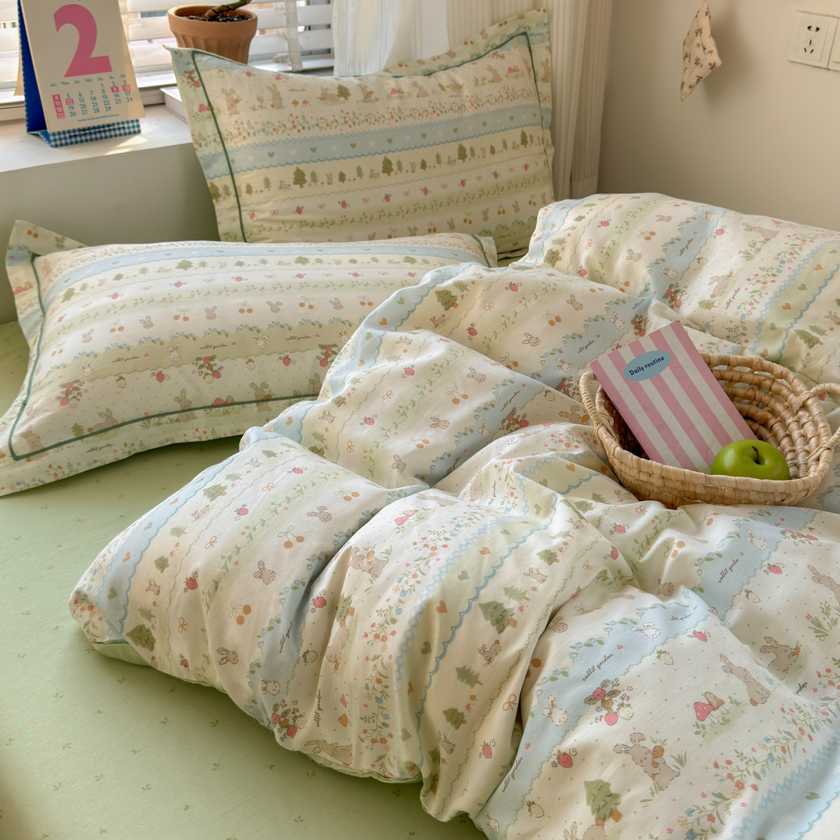 91家纺网 家纺一手货源 找家纺 乐童家纺 2026新款全棉网红直播爆款吊边一字绣工艺款四件套-系列三 田园小兔