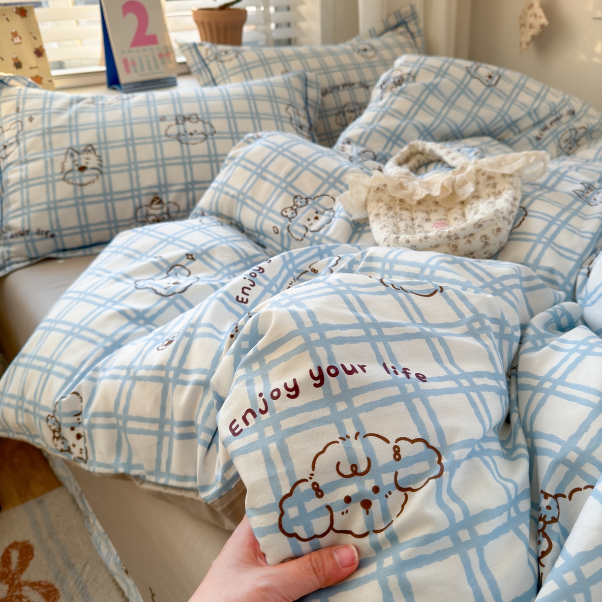 乐童家纺 2026新款全棉网红直播爆款吊边一字绣工艺款四件套-系列三 可爱棕熊