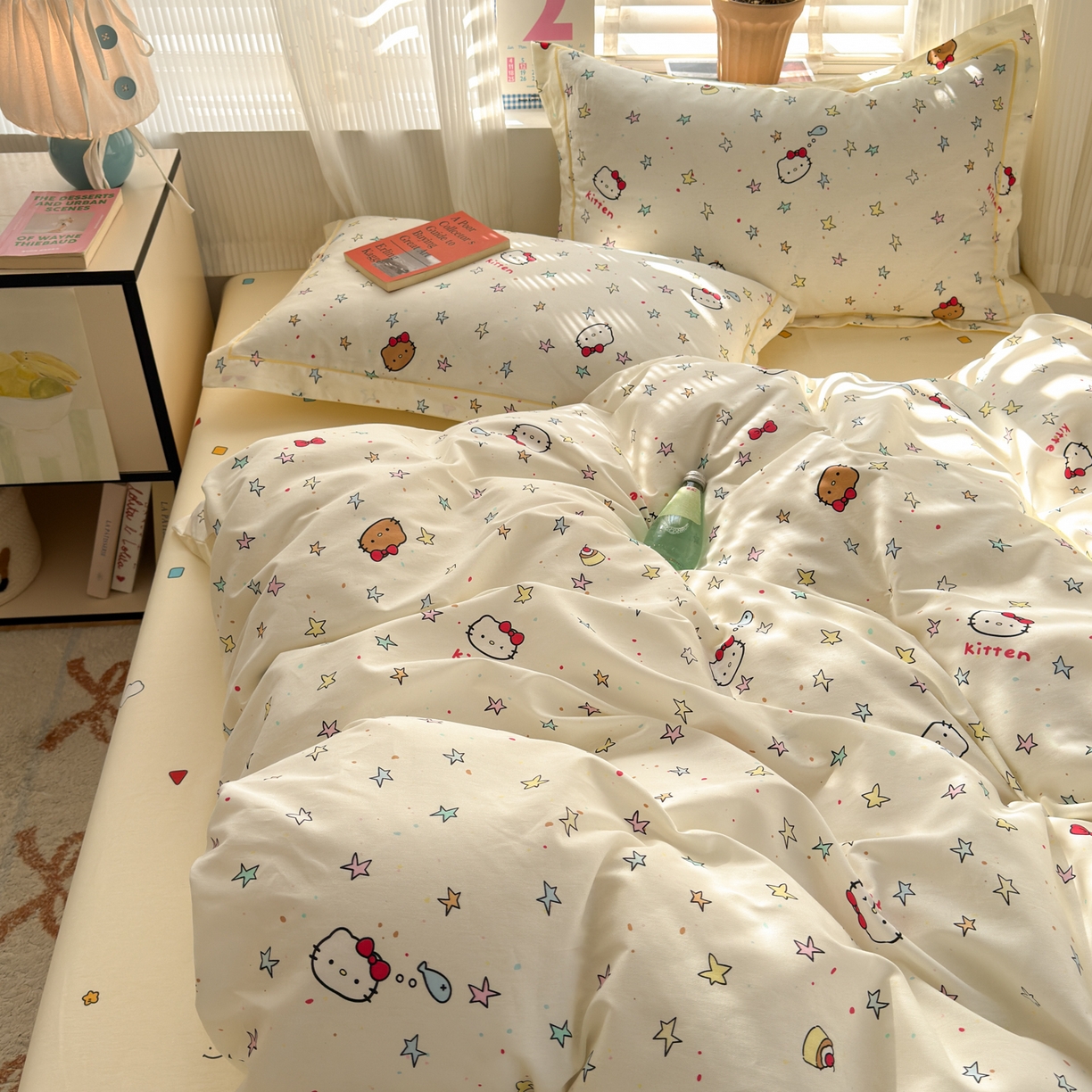 91家纺网 家纺一手货源 找家纺 乐童家纺 2026新款全棉网红直播爆款吊边一字绣工艺款四件套-系列三 星星凯蒂猫