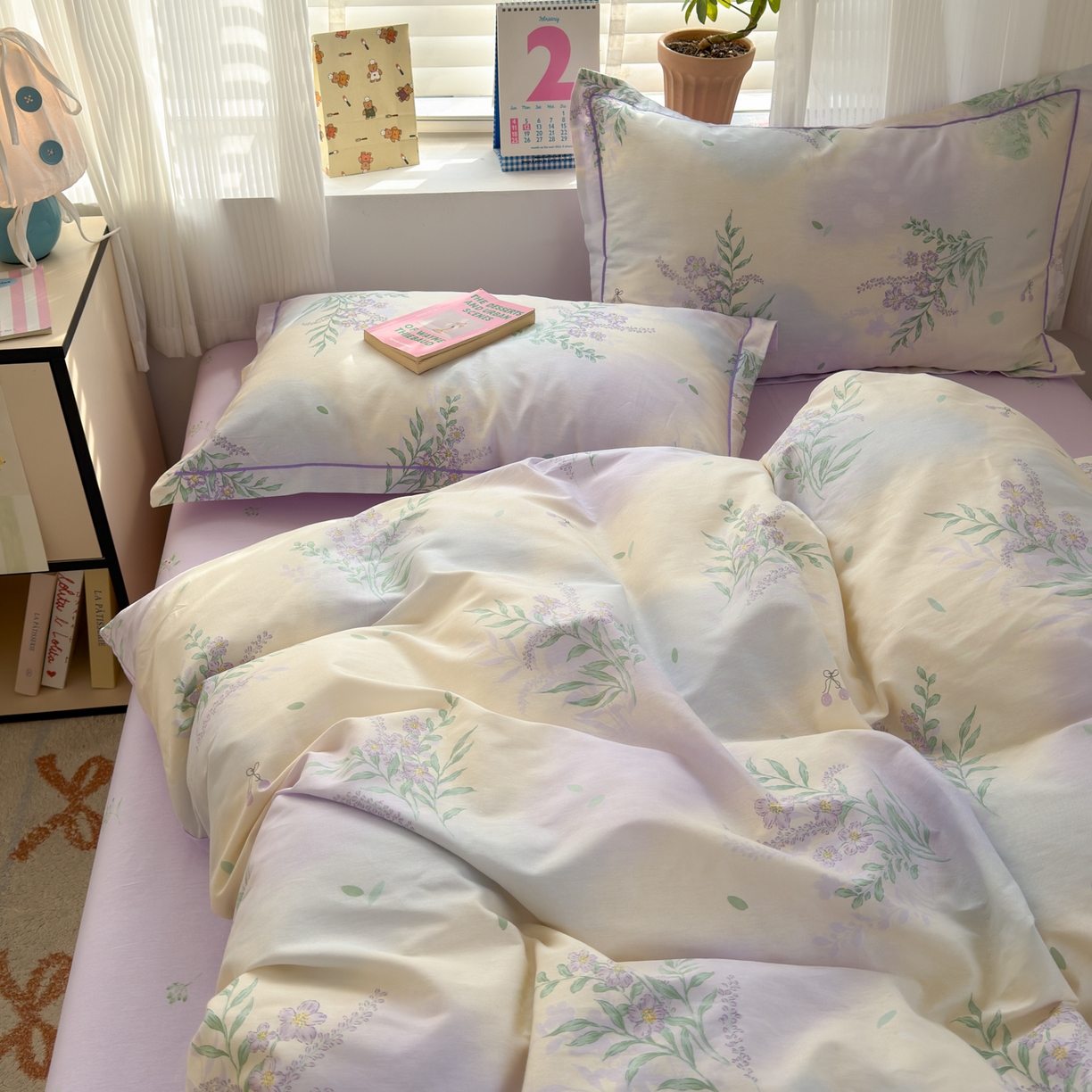 91家纺网 家纺一手货源 找家纺 乐童家纺 2026新款全棉网红直播爆款吊边一字绣工艺款四件套-系列三 薰衣草