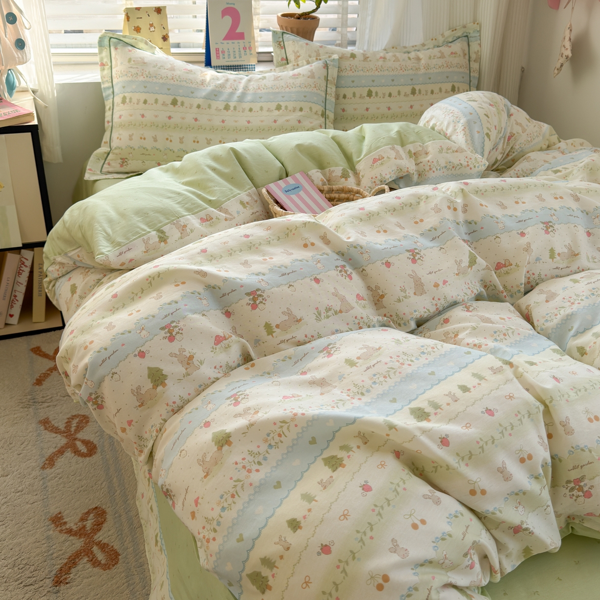 91家纺网 家纺一手货源 找家纺 乐童家纺 2026新款全棉网红直播爆款吊边一字绣工艺款四件套-系列三 田园小兔