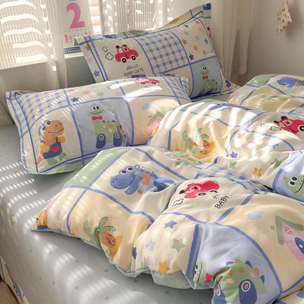 91家纺网 家纺一手货源 找家纺 乐童家纺 2026新款全棉网红直播爆款吊边一字绣工艺款四件套-系列三 小恐龙