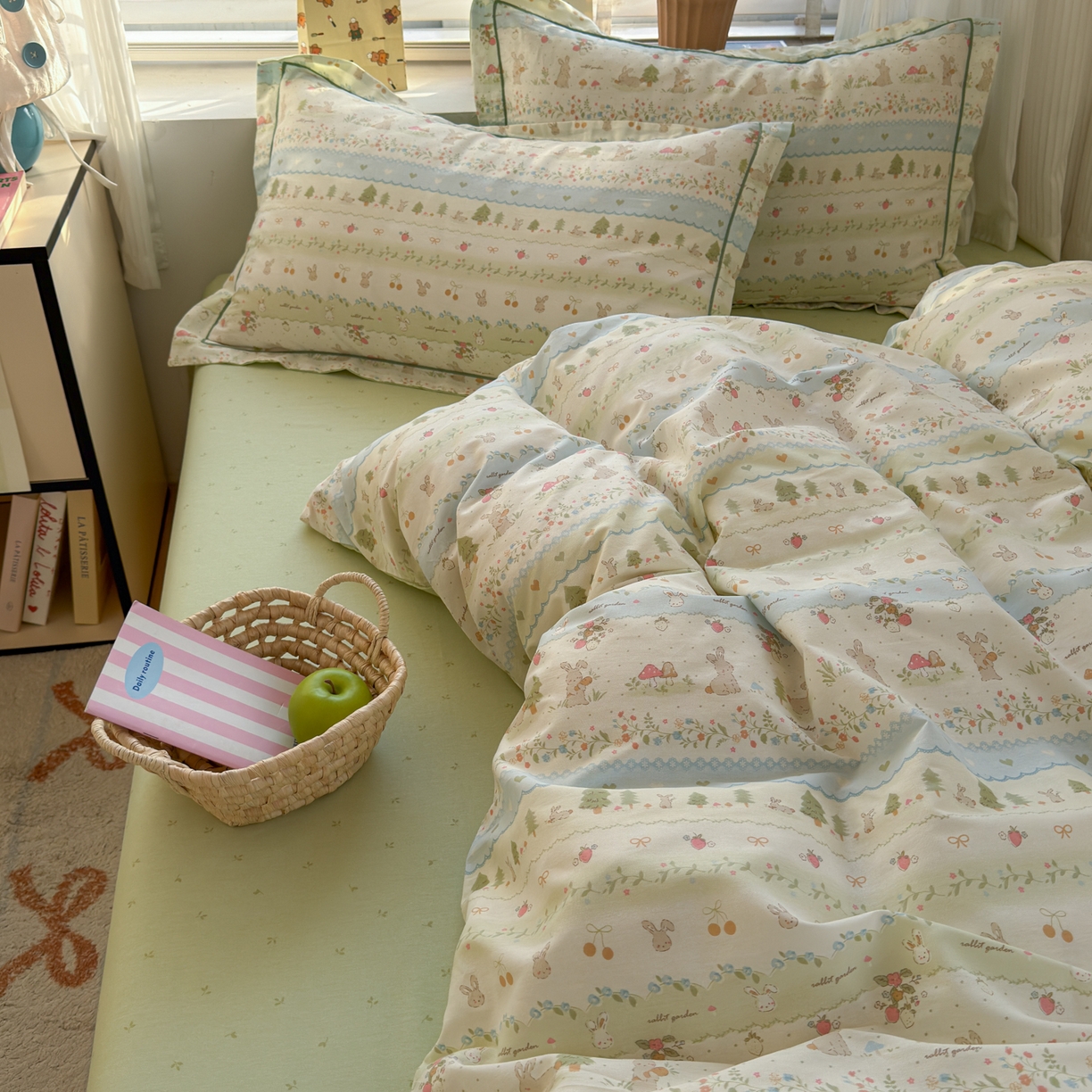 91家纺网 家纺一手货源 找家纺 乐童家纺 2026新款全棉网红直播爆款吊边一字绣工艺款四件套-系列三 田园小兔