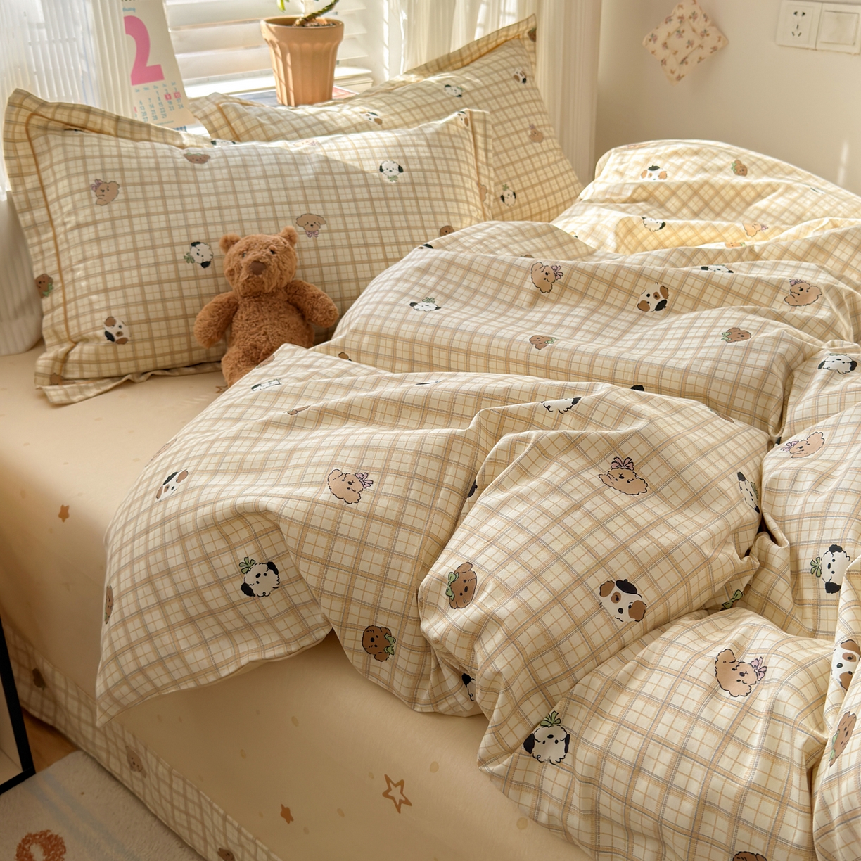 91家纺网 家纺一手货源 找家纺 乐童家纺 2026新款全棉网红直播爆款吊边一字绣工艺款四件套-系列三 曲奇小狗