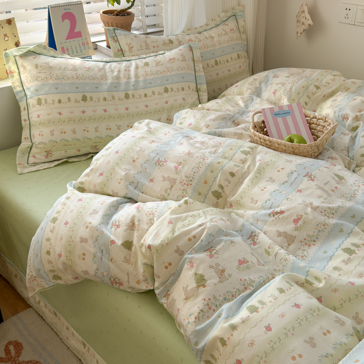 91家纺网 家纺一手货源 找家纺 乐童家纺 2026新款全棉网红直播爆款吊边一字绣工艺款四件套-系列三 田园小兔