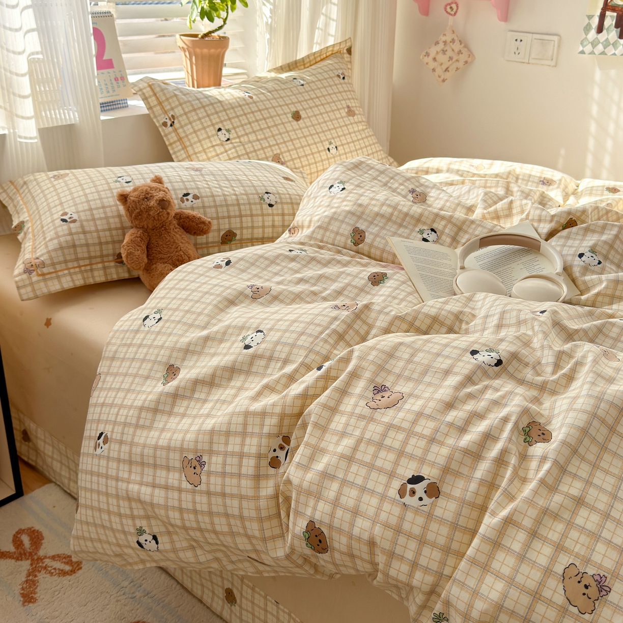 91家纺网 家纺一手货源 找家纺 乐童家纺 2026新款全棉网红直播爆款吊边一字绣工艺款四件套-系列三 曲奇小狗