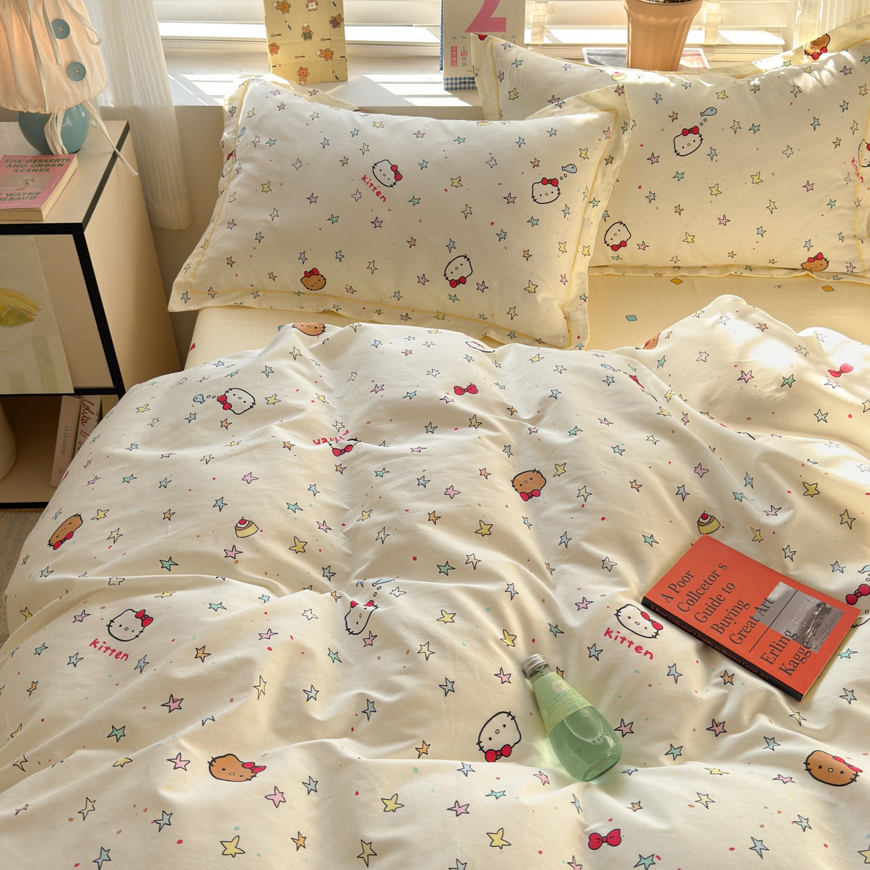 91家纺网 家纺一手货源 找家纺 乐童家纺 2026新款全棉网红直播爆款吊边一字绣工艺款四件套-系列三 星星凯蒂猫