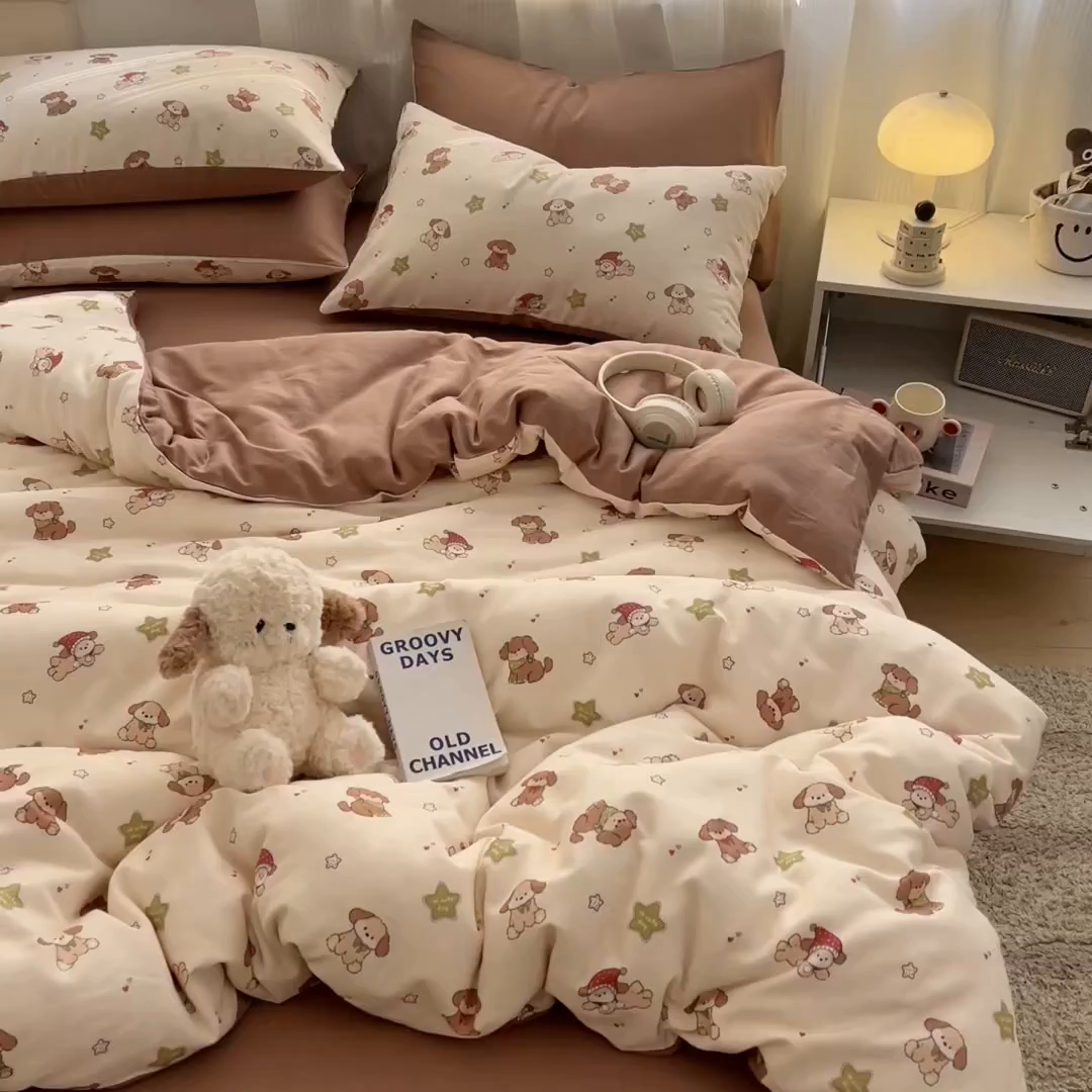 91家纺网 家纺一手货源 找家纺 涵宸家纺 2026新款双层纱印花四件套 A白月光