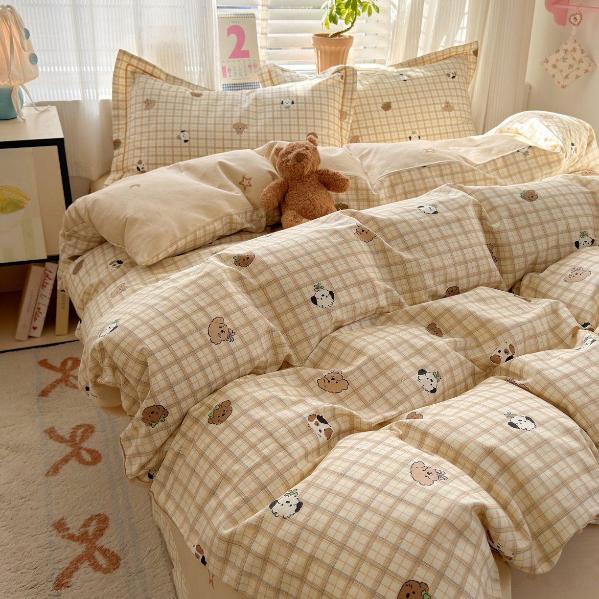 91家纺网 家纺一手货源 找家纺 乐童家纺 2026新款全棉网红直播爆款吊边一字绣工艺款四件套-系列三 曲奇小狗