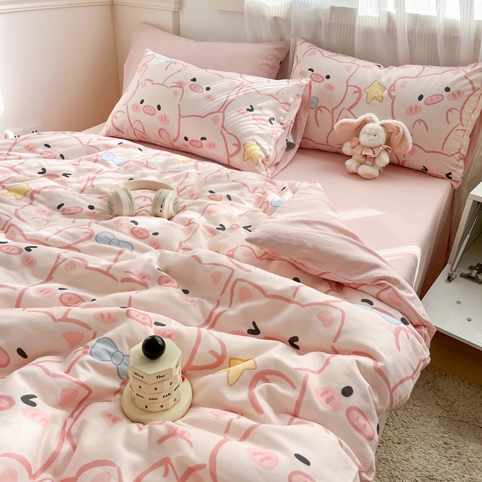 91家纺网 家纺一手货源 找家纺 涵宸家纺 2026新款双层纱印花四件套 A萌萌猪