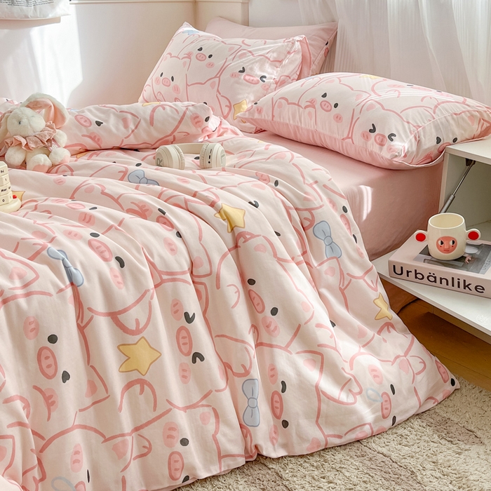 91家纺网 家纺一手货源 找家纺 涵宸家纺 2026新款双层纱印花四件套 A萌萌猪