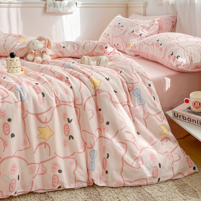 91家纺网 家纺一手货源 找家纺 涵宸家纺 2026新款双层纱印花四件套 A萌萌猪