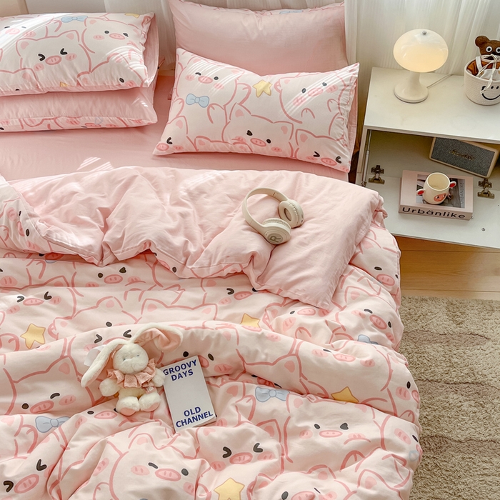 91家纺网 家纺一手货源 找家纺 涵宸家纺 2026新款双层纱印花四件套 A萌萌猪