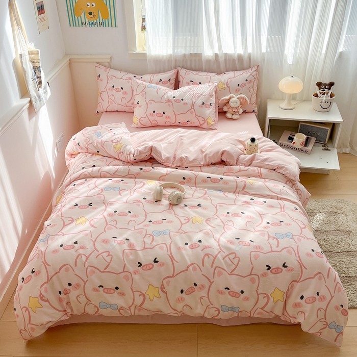 91家纺网 家纺一手货源 找家纺 涵宸家纺 2026新款双层纱印花四件套 A萌萌猪