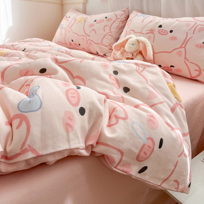 91家纺网 家纺一手货源 找家纺 涵宸家纺 2026新款双层纱印花四件套 A萌萌猪