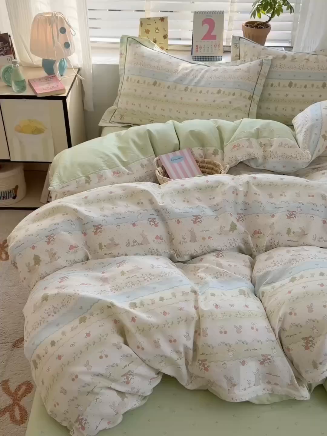 91家纺网 家纺一手货源 找家纺 乐童家纺 2026新款全棉网红直播爆款吊边一字绣工艺款四件套-系列三 田园小兔